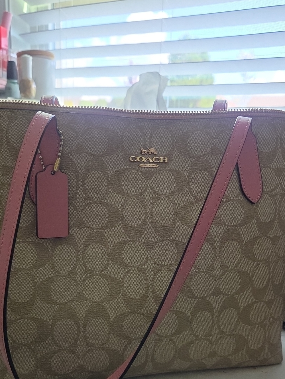 Coach Classic Signature Tote with Pink Trim